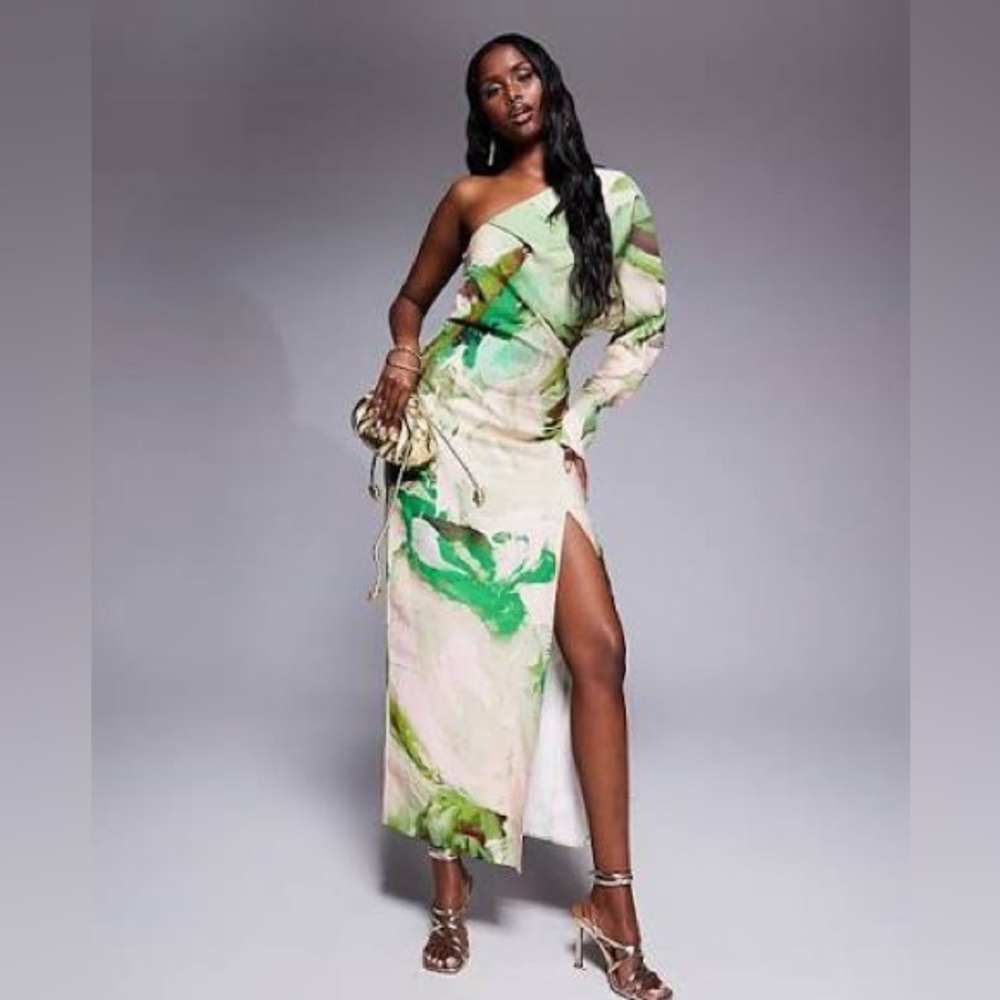 ASOS DESIGN One-Shoulder Drape Midaxi Dress in Abstract Green - US 6